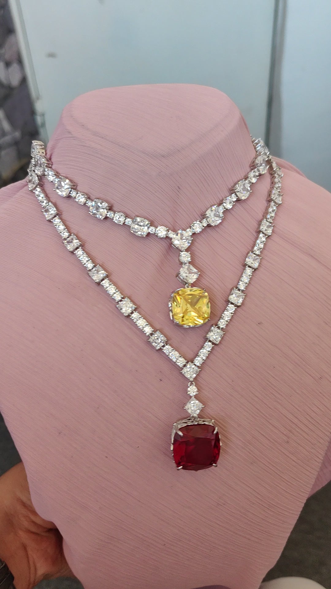 Sterling Silver Tennis Necklace with Large Colorful Gems, Pave Big Stone Design