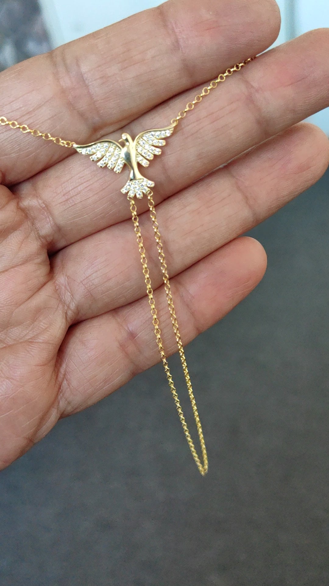 Minimalist Dove Charm Hand Chain in Sterling Silver, White Zircon Detail