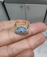 925 Sterling Silver Gold Vermeil Evil Eye Ring Baguette CZ Halo Open Band