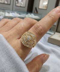 White Gold Cocktail Ring, Pave and Baguette Diamond Simulant Ring, Oval Statement Band, Boho Bridal Jewelry, Gift for Wife
