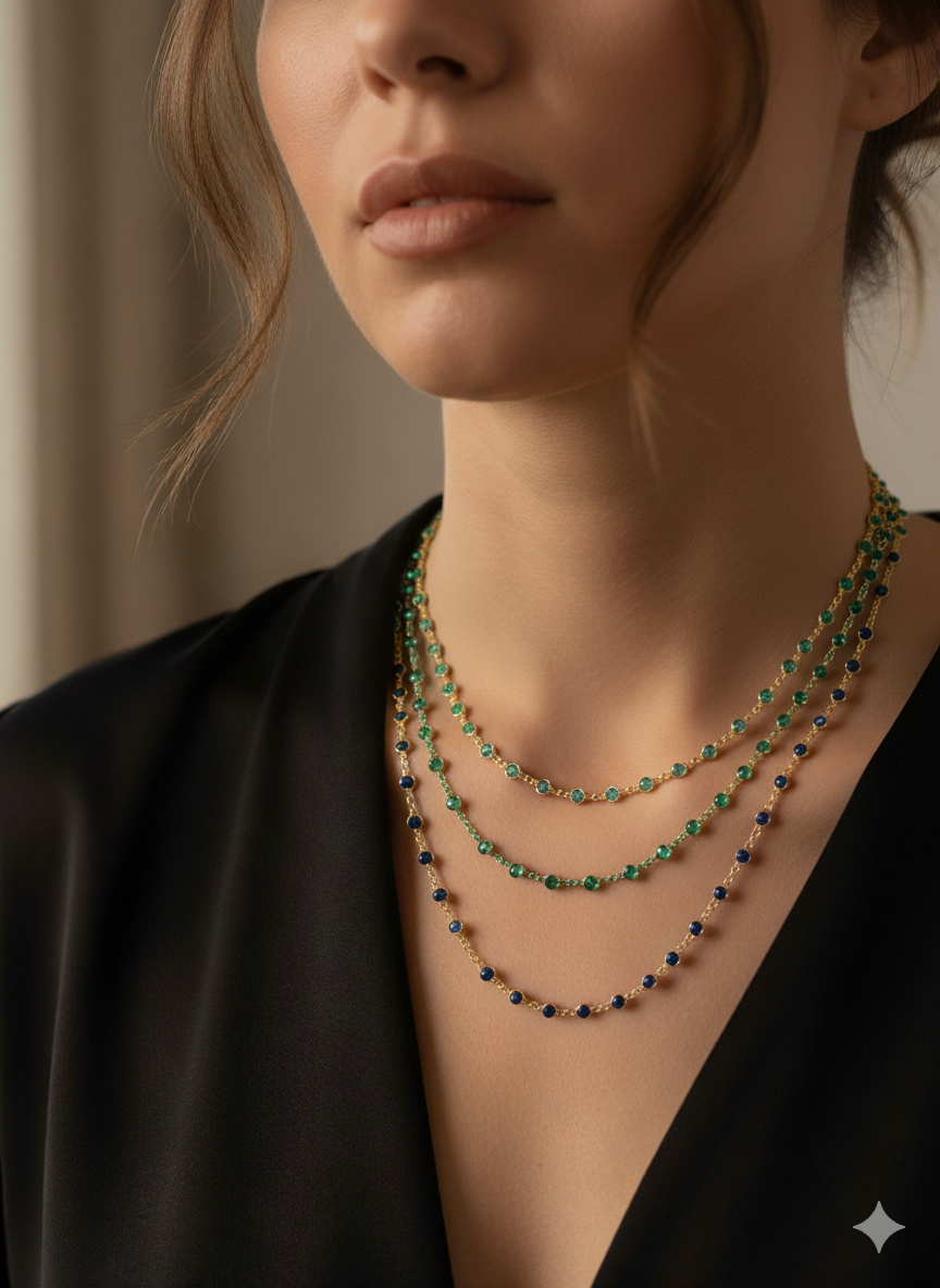 Colorful Fancy Stone Necklace, Gold Boho Gemstone 925 Sterling Silver Fancy Stone Necklace, Vibrant Gems, 18-24-36 Inch