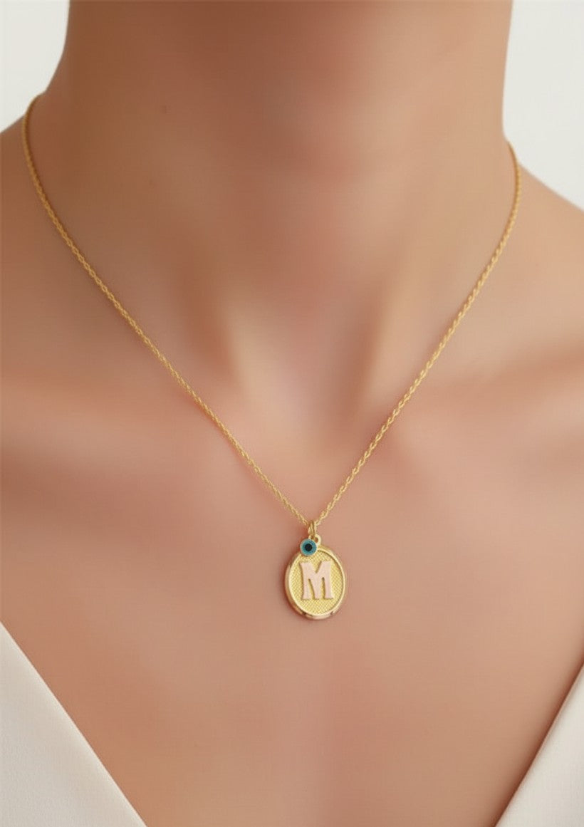 Real 14K Gold Initial Necklace with Evil Eye – Handmade Lucky Charm Jewelry