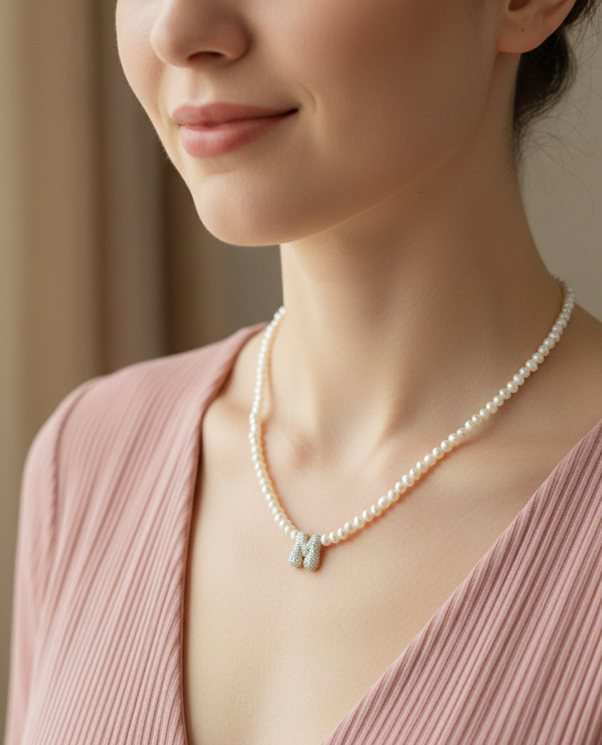 Custom Initial Pearl Necklace – 4mm Pearl Sterling Silver Letter