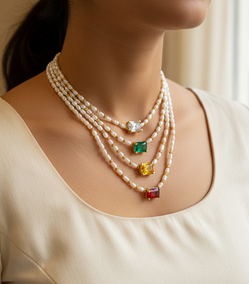 Multi Color Stone Pearl Necklace – 925 Sterling Silver Gemstone Pearl Pendant, Dainty Boho Jewelry