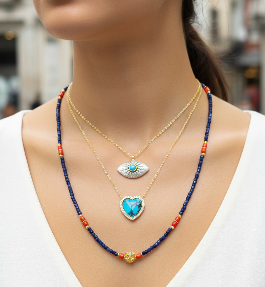 Natural Stone Silver Necklace Set – Sterling Silver Layering Necklace Stack, Gemstone Multi Strand Necklace, Boho Gift for Her