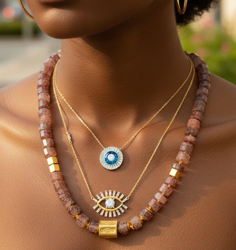 Natural Stone Evil Eye Silver Necklace – Sterling Silver Gemstone Eye Pendant, Dainty Protection Necklace, Boho Lucky Charm Gift for Her