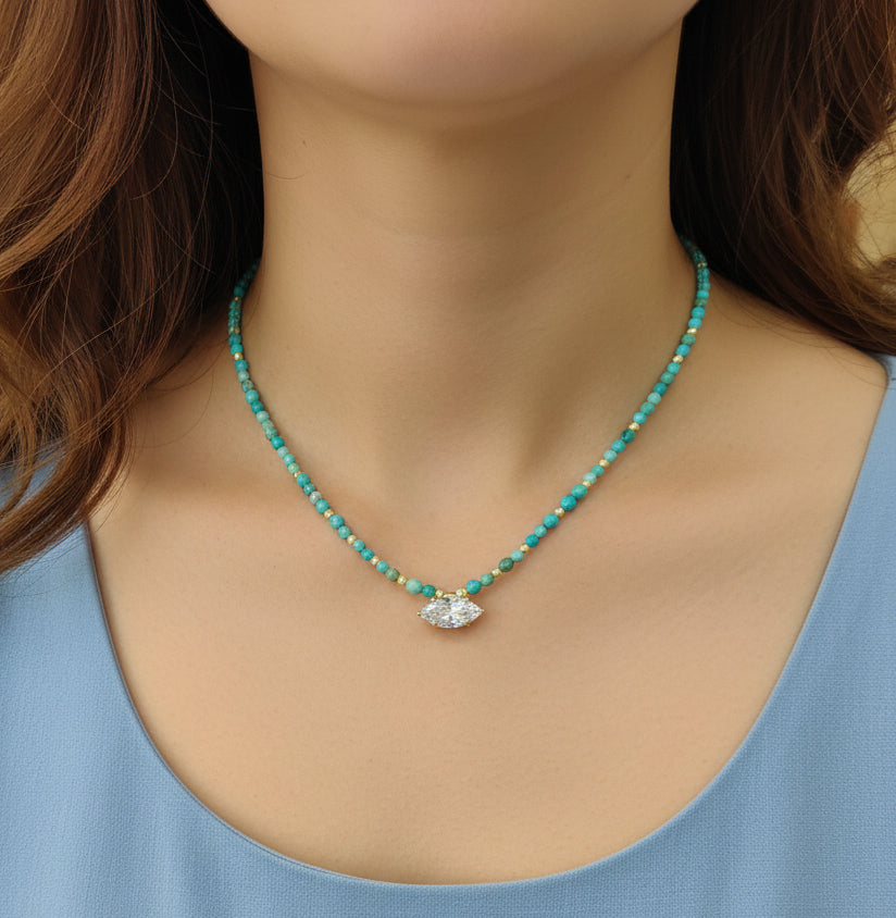 Natural Turquoise or Pearl Silver Necklace – Sterling Silver Genuine Turquoise Pendant, Boho Summer Beach Jewelry, Gift for Her