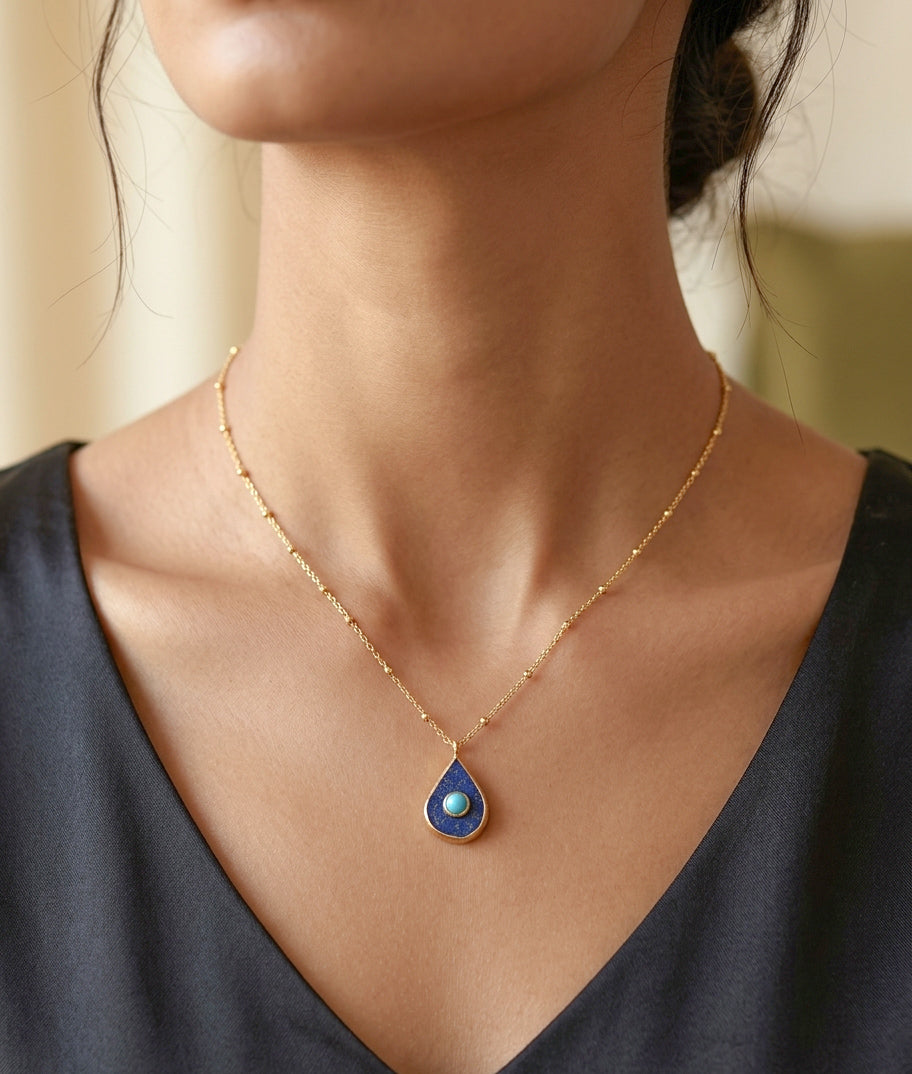 Genuine Natural Stone Teardrop Necklace in 925 Sterling Silver – Handmade Drop Pendant, Minimalist Boho Gift for Women