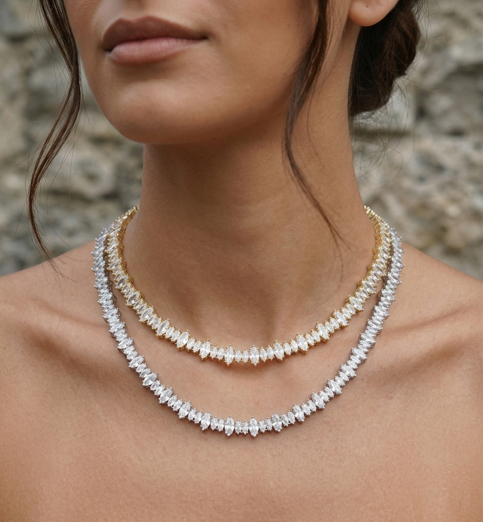 Handcrafted Marquise CZ Tennis Necklace in Gold – Sparkling Cubic Zirconia Diamond Look Statement Choker, Elegant Bridal Fine Jewelry Gift for Her