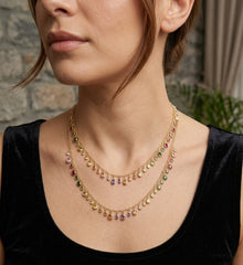 Handcrafted Rainbow Multi Color CZ Fringe Necklace in Gold – Sparkling Oval Bezel Set Cubic Zirconia Dangle Drop Chain Necklace, Colorful Statement Jewelry Gift for Her