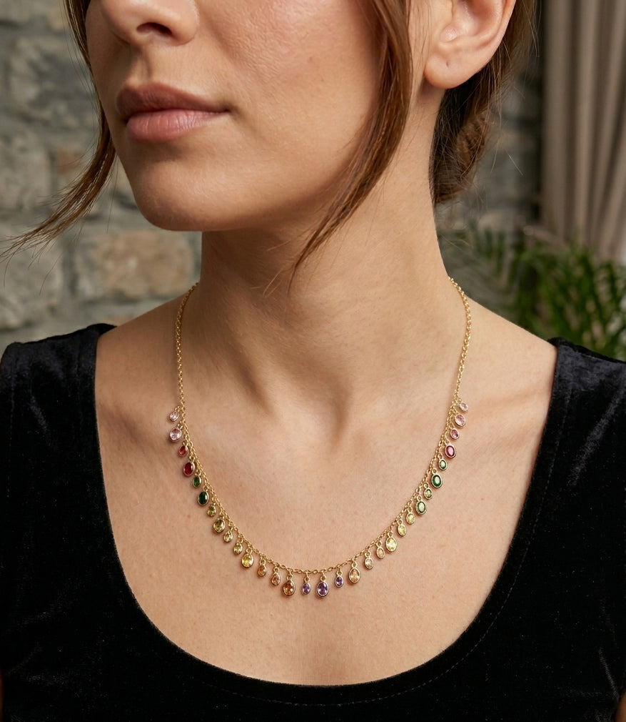 Handcrafted Rainbow Multi Color CZ Fringe Necklace in Gold – Sparkling Oval Bezel Set Cubic Zirconia Dangle Drop Chain Necklace, Colorful Statement Jewelry Gift for Her