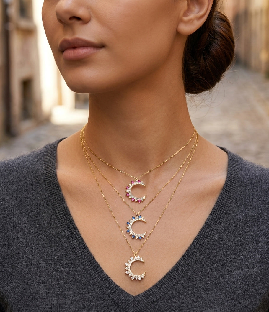 Handcrafted CZ Pave Crescent Moon Necklace in Gold – Sparkling Cubic Zirconia Moon Pendant, Celestial Statement Jewelry, Boho Mystic Gift for Her