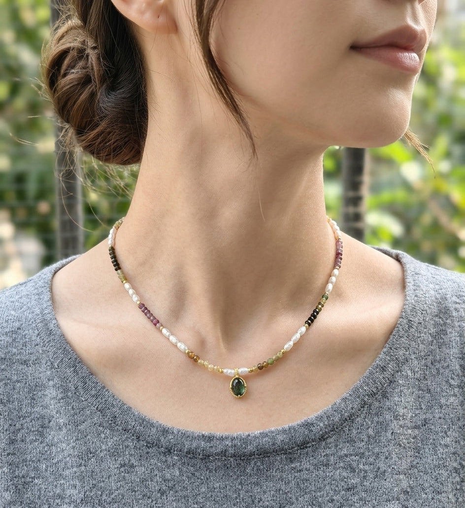 Handcrafted Natural Tourmaline Pearl Beaded Necklace with Genuine Gemstone Pendant – Multi Color Tourmaline Freshwater Pearl Gold Accent Layering Necklace, Boho Fine Jewelry Gift for Her