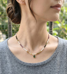 Handcrafted Natural Tourmaline Pearl Beaded Necklace with Genuine Gemstone Pendant – Multi Color Tourmaline Freshwater Pearl Gold Accent Layering Necklace, Boho Fine Jewelry Gift for Her