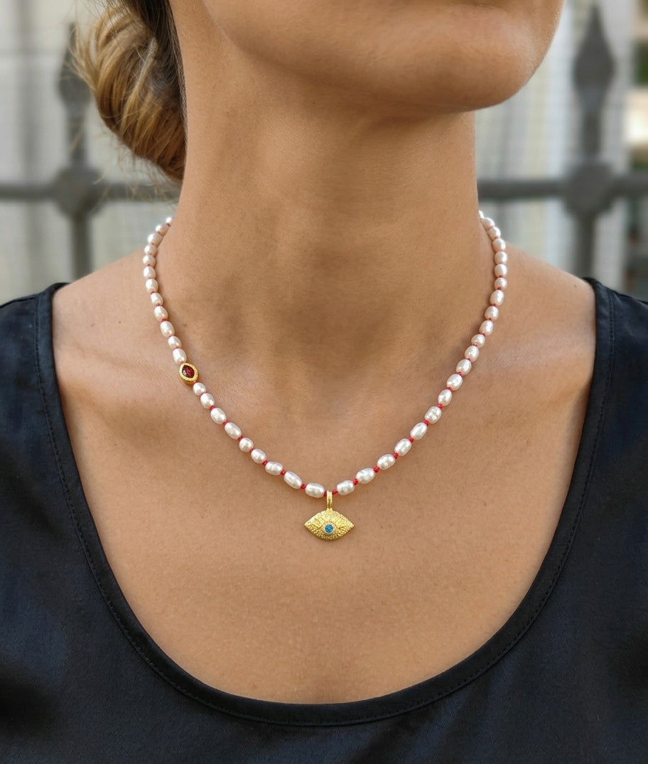 Handcrafted Freshwater Pearl Beaded Evil Eye Necklace with Gold Charm – Knotted Pearl Protection Necklace, Boho Artisan Spiritual Jewelry Gift for Her