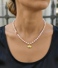 Handcrafted Freshwater Pearl Beaded Evil Eye Necklace with Gold Charm – Knotted Pearl Protection Necklace, Boho Artisan Spiritual Jewelry Gift for Her