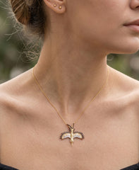 Handcrafted CZ Pave Hummingbird Necklace – Two Tone Silver Gold Flying Bird Pendant, Dainty Nature Fine Jewelry Gift for Her