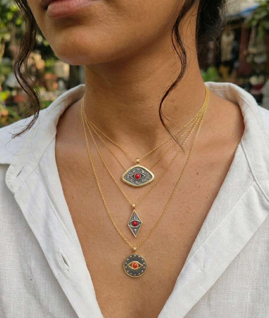 Authentic Two Tone Sterling Silver Evil Eye Medallion Necklace with Natural Gemstone – Handcrafted Artisan Boho Protection Pendant, Vintage Gift for Her