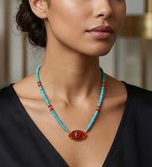 Evil Eye Meets the Mediterranean – Natural Stone Beaded Necklace with Bold Enamel Eye Medallion, Coral Turquoise Pearl Boho Protection Jewelry