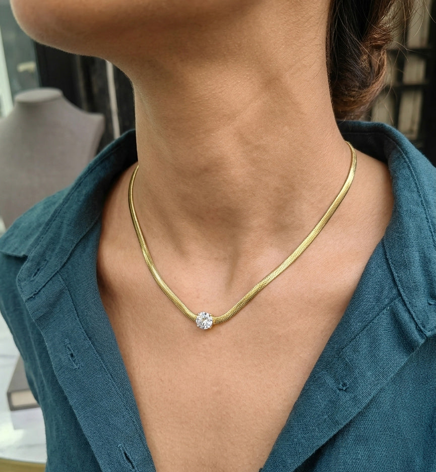 The Red Moment – Round Pink CZ Solitaire Sterling Silver Snake Chain Necklace, Everyday Quiet Luxury Gift for Her