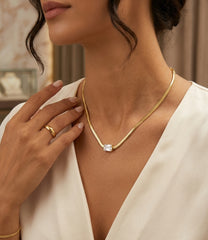 One Stone, Two Metals – Emerald Cut Green CZ Solitaire on Layered Silver Gold Herringbone Chain, Quiet Luxury Statement Necklace