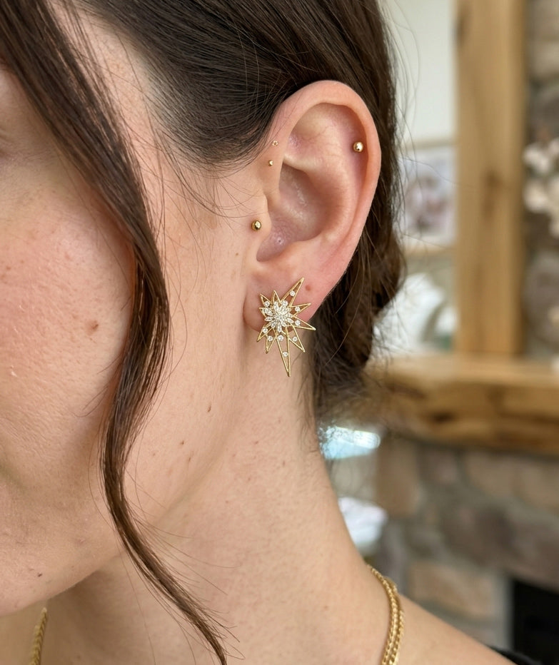 Born to Shine – Starburst CZ Pave Gold Statement Stud Earrings, Open Frame Celestial North Star Earrings Gift for Her