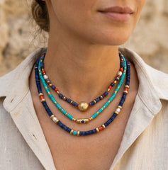 Lapis Lazuli Turquoise Sterling Silver Necklace - Multi Strand Beaded Bohemian Gemstone Jewelry