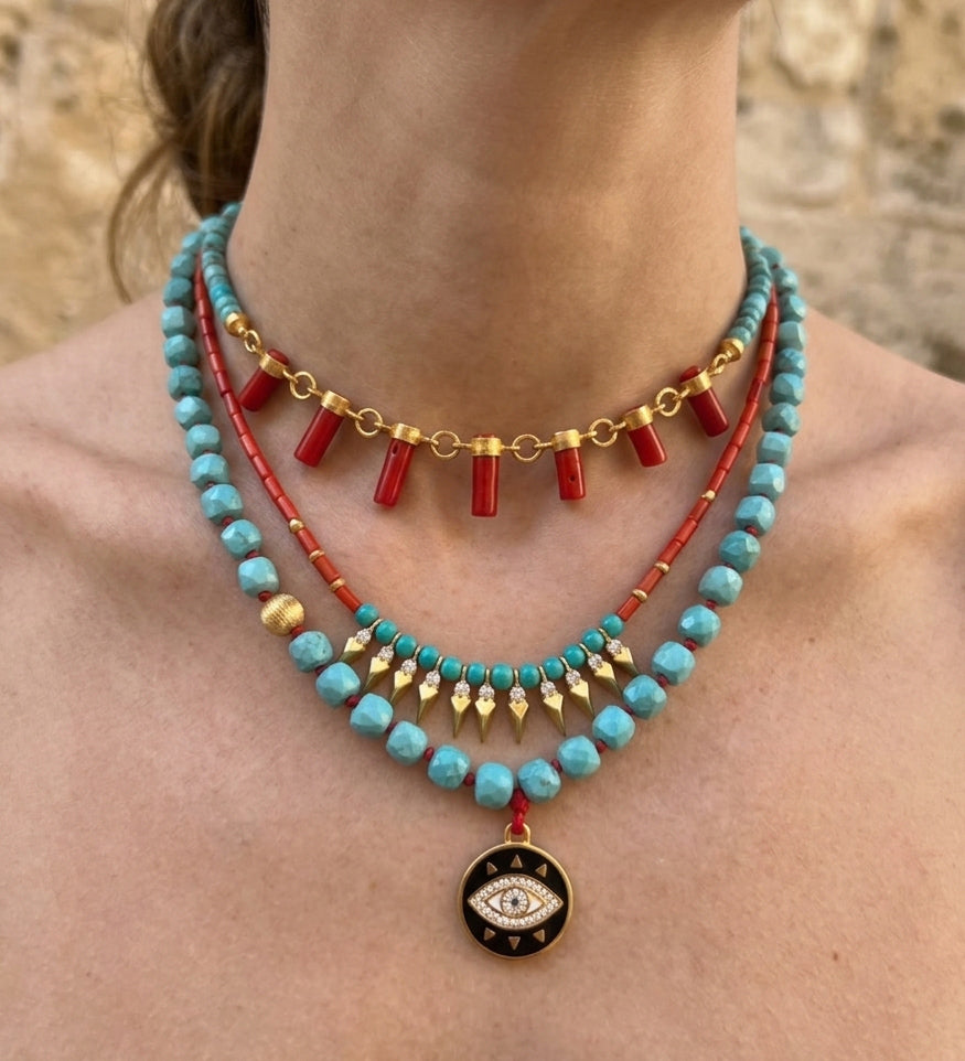 Turquoise Evil Eye Layered Necklace - 925 Sterling Silver Real Stone Beaded Jewelry