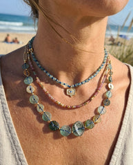 925 Silver Gemstone Beaded Necklace Set - Layered Blue Green Stone Jewelry with Gold Accents