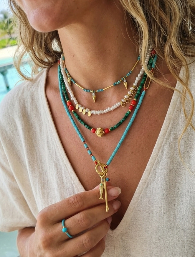 Layered Turquoise Pearl Necklace 925 Silver - Boho Gemstone Necklace with Green Malachite & Carnelian