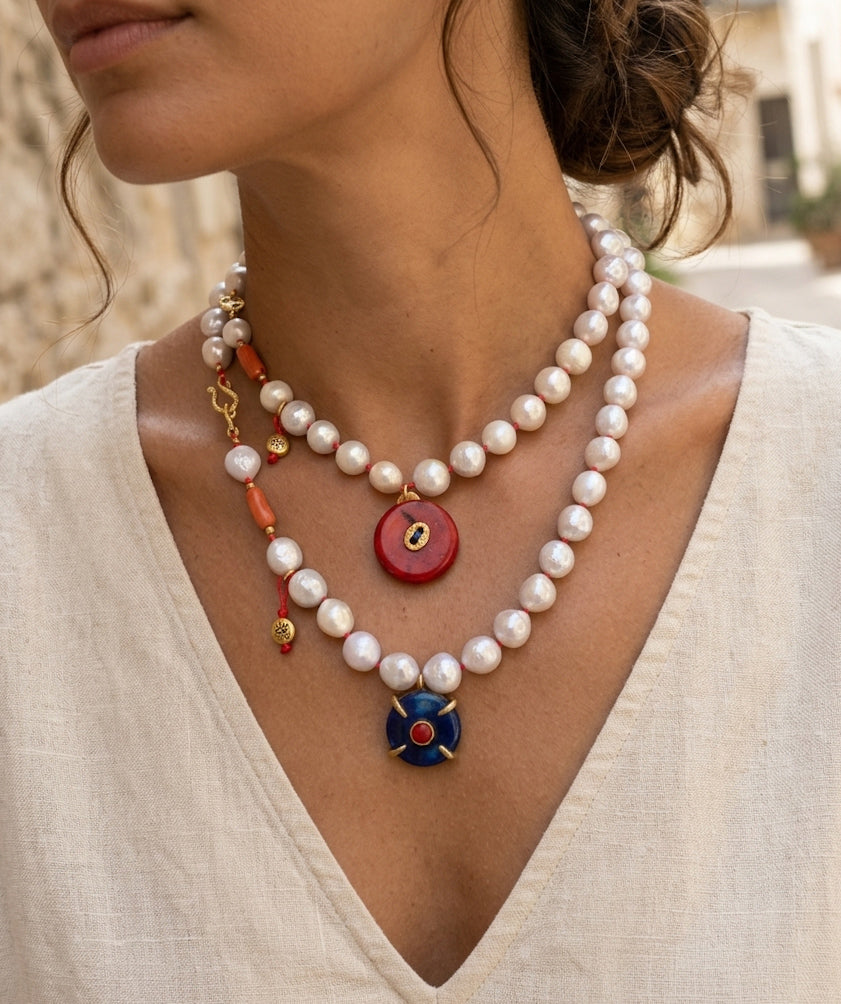 Handcrafted Sterling Silver Pearl Necklace with Natural Red Coral & Lapis Lazuli