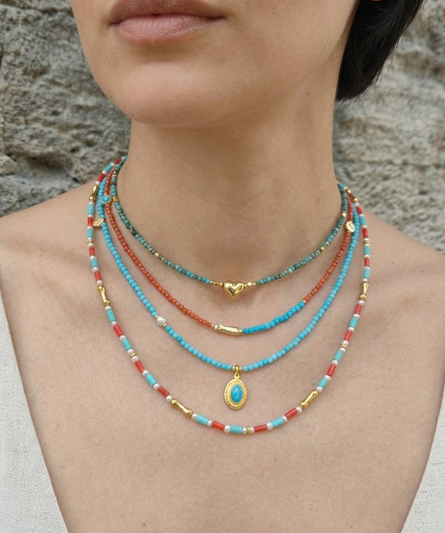 925 Sterling Silver Turquoise Natural Stone Layered Necklace with Gold Pendant