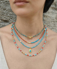 925 Sterling Silver Turquoise Natural Stone Layered Necklace with Gold Pendant