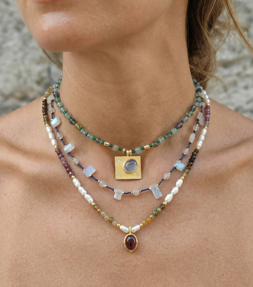 Authentic 925 Silver Layered Necklace with Genuine Green Tourmaline, Pearl & Blue Stones
