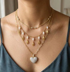 925 Sterling Silver Gold Plated Necklace - Layered Zircon Heart & Pearl Hamsa Pendant Set