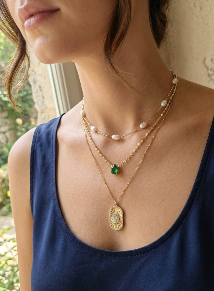 Multi-Strand 925 Sterling Silver Necklace with Zircon Stones and Green Teardrop Pendant