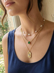 Multi-Strand 925 Sterling Silver Necklace with Zircon Stones and Green Teardrop Pendant