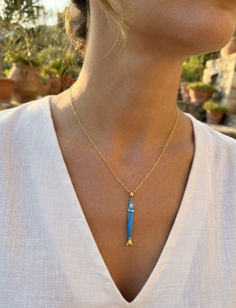 Dainty Gold Plated Sterling Silver Fish Necklace with Enamel & Zircon - Handcrafted Pendant