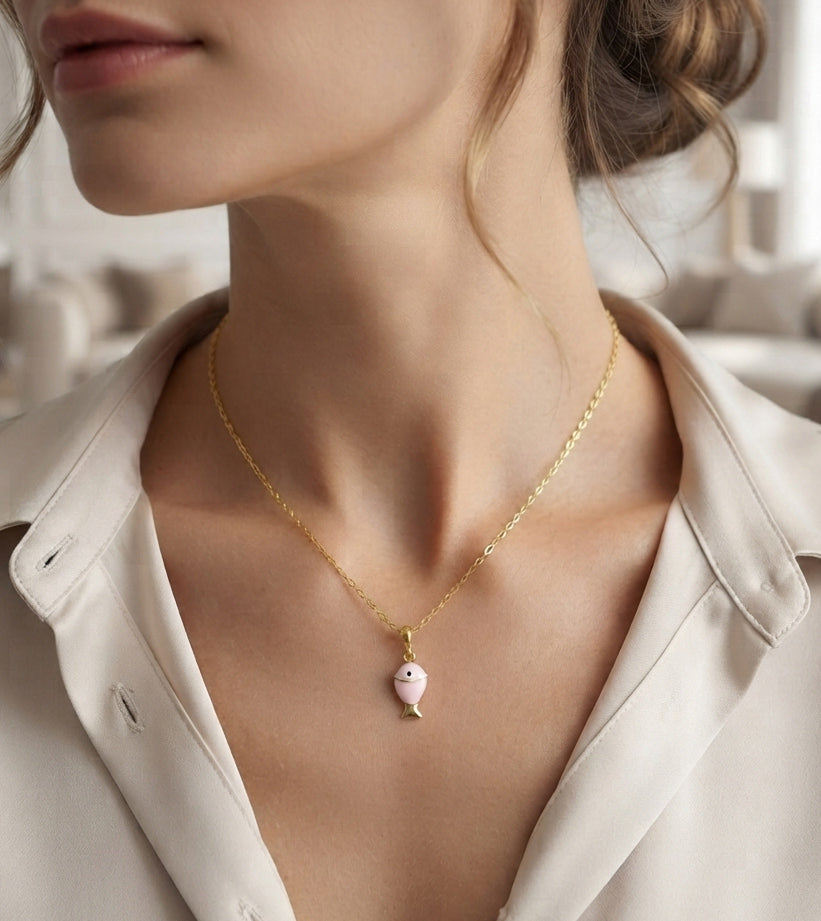 Dainty Gold Plated Sterling Silver Fish Necklace with Enamel & Zircon - Handcrafted Pendant