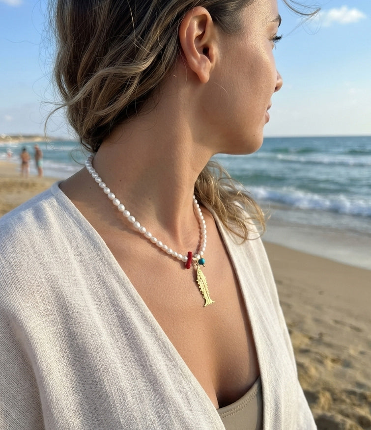 Pearl Fish Charm Necklace, Handcrafted 925 Silver with Real Pearls, Turquoise Zircon Stone, Boho Necklace