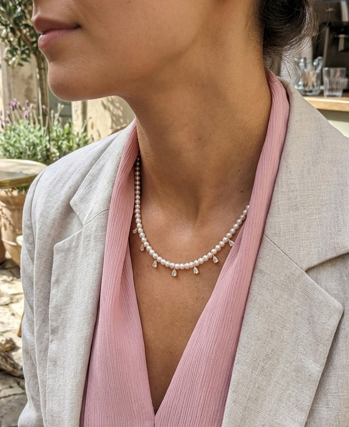 925 Silver Pearl Necklace with Zircon Charms - Delicate CZ Drop Pendant