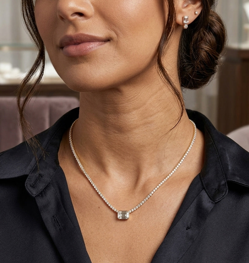 925 Sterling Silver Zircon Tennis Chain Necklace - Emerald Cut Cubic Zirconia Pendant