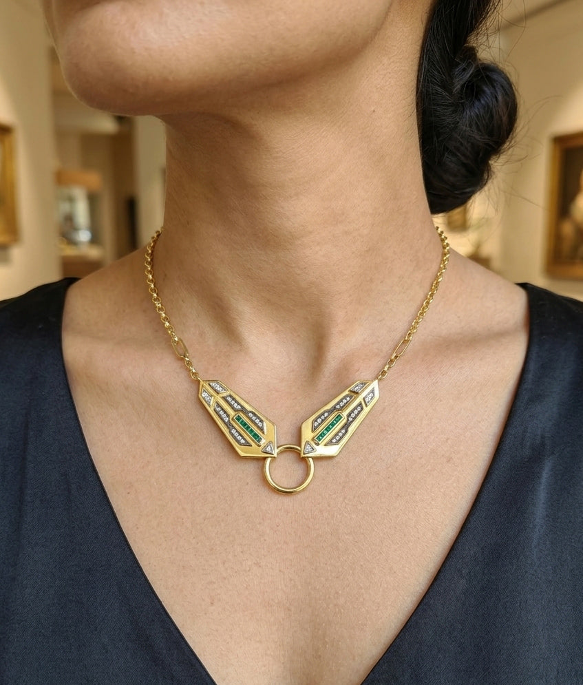 Art Deco Emerald Green Necklace, 925 Sterling Silver Gold Vermeil Choker, Geometric Statement Pendant, CZ Jewelry Gift for Her
