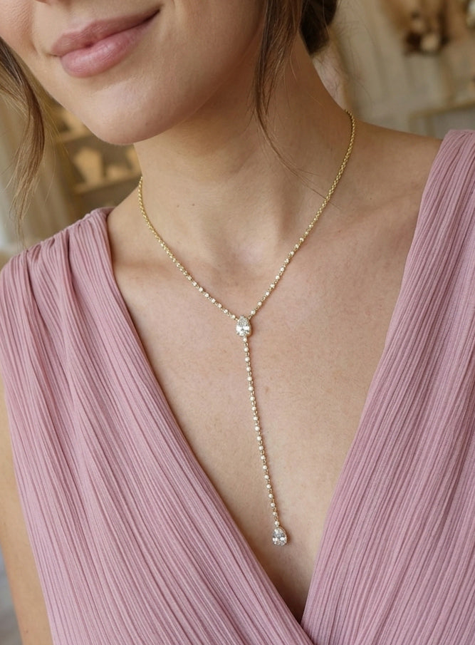 Pear Cut Cubic Zirconia Lariat Necklace, 925 Sterling Silver Y Drop Necklace, Gold Plated Dainty CZ Teardrop Pendant, Bridal & Gift for Her