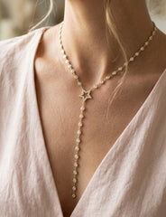 Gold Plated Sterling Silver Star Lariat Necklace – Bezel-Set Cubic Zirconia Y Necklace for Women