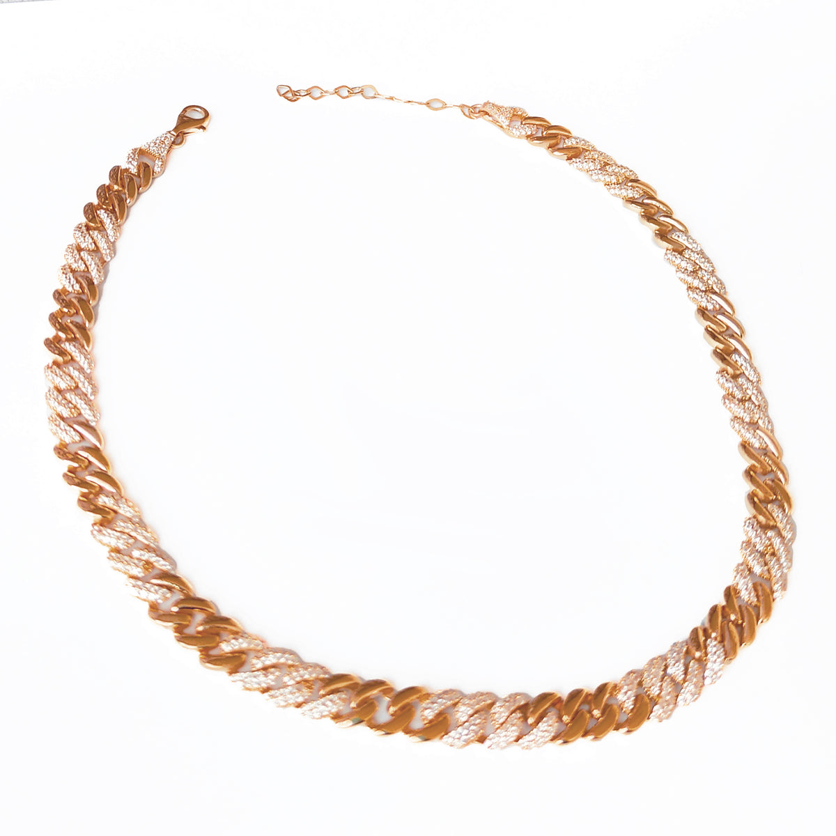 Thick Cuban Link Chain Half Stone Half Stoneless Silver Choker Necklace