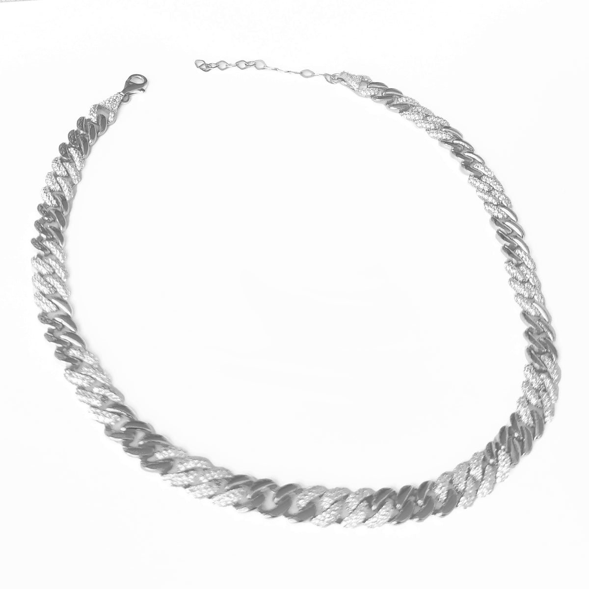 Thick Cuban Link Chain Half Stone Half Stoneless Silver Choker Necklace