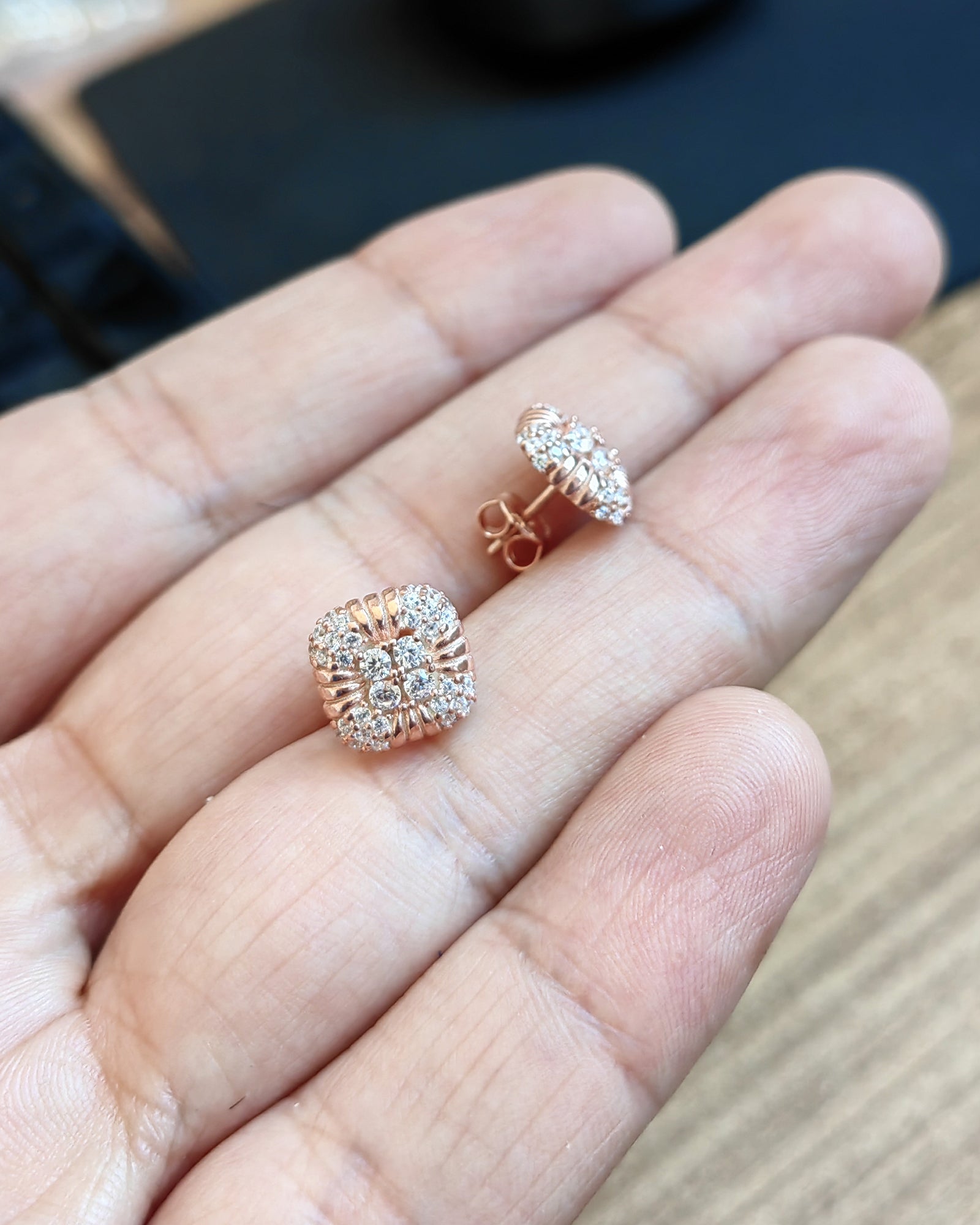 White Stone Square Silver Earrings, Square Stud Earrings