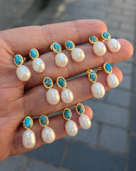 925 Silver Turquoise & Pearl Earrings – Elegant Handmade Gemstone Jewelry