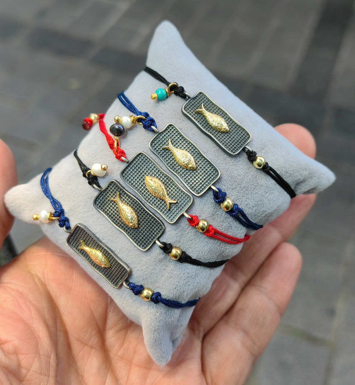 Handmade Sterling Silver Bead Cord Bracelet Adjustable Sliding Knot Minimalist Fish Bracelet